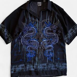 Vintage Y2K Authentic Shaolin Black Blue Dragon Short Sleeve Button Down Shirt